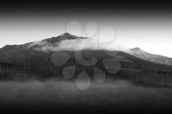 Black and white Norway mountain peak in clouds background hd