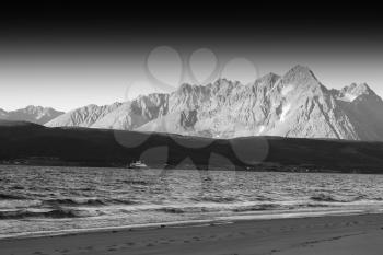 Black and white Norway seashore mountain landscape background hd