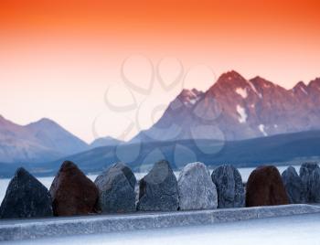 Norway road stones border with mountains background hd