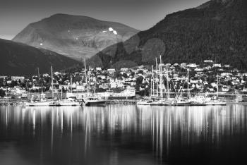 Tromso city with yachts black and white background hd