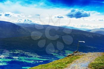 Norway mountain landmark with white flag landscape background hd