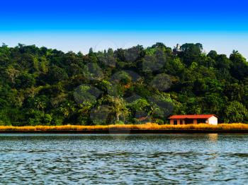 Horizontal vivid right aligned indian house on river landscape background backdrop