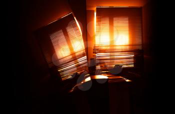 Office sunset blinds tilted reflection background
