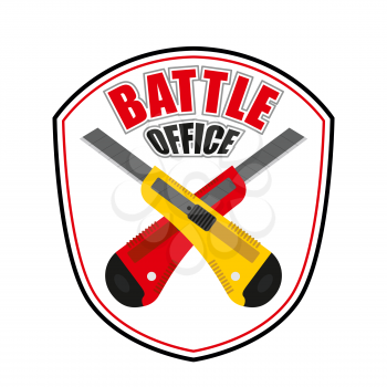 Office battle emblem. Two crossed stationery knife. Logo for corporate entertainment.

