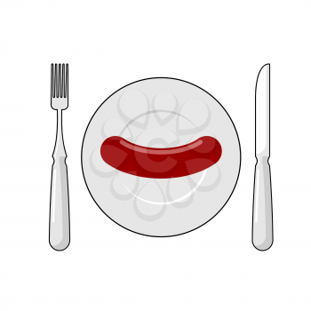 Sausage on plate and cutlery Top view. Fork and knife. Fast healthy breakfast. Vector illustration of food for poor.
