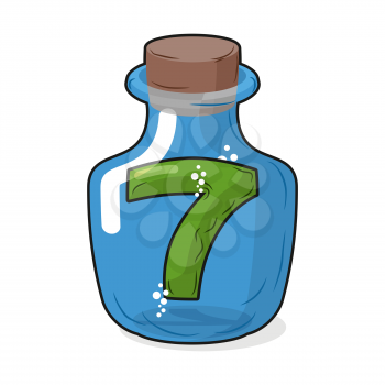 Seven scientific bottle for laboratory research. Figure 7 magic bottle with a wooden stopper. Vector illustration. Capacity for research