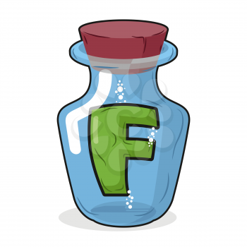 F in  bottle for experiments. Letter in vessel. Laboratory research vessel. Vector illustration letter f for chemical tests.