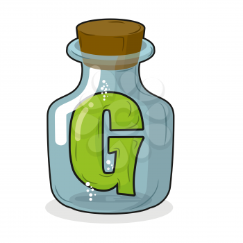 G in  bottle for scientific research. letter in a magical vessel with a wooden stopper. Laboratory for experiments and tests.
