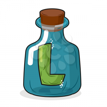 L in scientific laboratory bottle. Letter in a magic bottle with a wooden stopper. Vector illustration. Capacity for research
