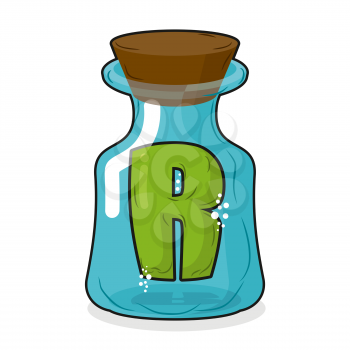 R in  magic jar. Letter to a lab for tests and research bottle. Glass bottle with a cork. Magic transparent bulb
