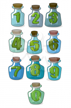 Figures in a retro bottle laboratory for experimentation and research. Numbers in magical banks with a wooden stopper. Vector illustration