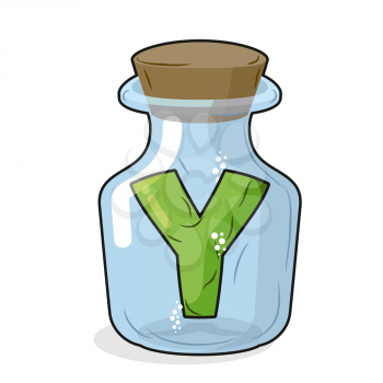 Y in  bottle for scientific research. letter in a magical vessel with a wooden stopper. Laboratory for experiments and tests.
