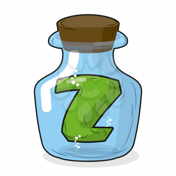 Z in laboratory bottle. Letter in  magical vessel with a wooden stopper. Letter Z for scientific experiments. Vector illustration of laboratory flask vessel
