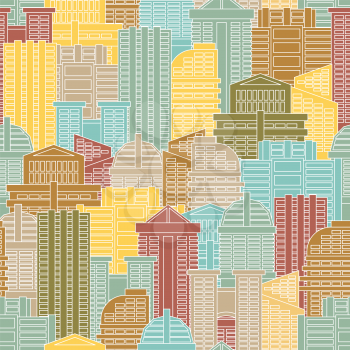 Urban seamless pattern. Colorful buildings in city, metropolis. Multi-colored skyscrapers and office building.