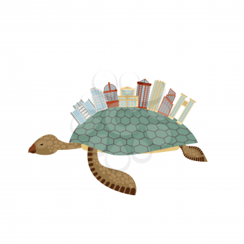 City on turtle. Building on animal reptiles. Fantastic city. Vector illustration Towers, arches and skyscrapers