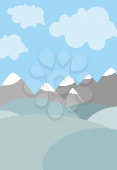 Cartoon natural landscape. Sky with clouds. Mountains and fields. Cute Vector background

