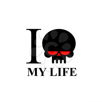 I hate my life. Sad black skull with red eyes. Logo for t-shirts.
