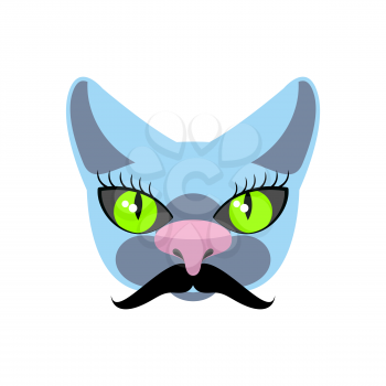  Blue Cat with big mustache. Pet hipsters. Vector icon, logo