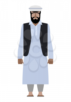 Syrian refugee. Resident of Pakistan national clothes. Afghanistan man in a traditional robe on a white background. Vector illustration of an emigrant