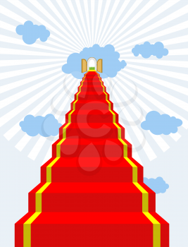 Stairway to paradise. Red carpet into sky. Gates of paradise. Doors in  clouds. Vector illustration of Gods dwelling. Climb to top of heaven.

