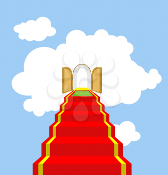Open gates of paradise. Ladder into clouds. Degree in sky. Red carpet for ascent into paradise. Vector illustration of God's ladder. Acent to God, to Jesus.