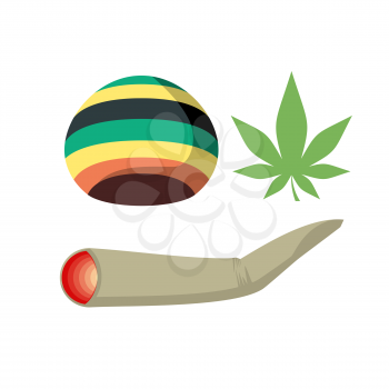 Set Jamaica drug addict. Rasta CAP, spliff and cannabis leaf. Vector illustration of drugs.