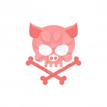 Pig skull with bones. Head skeleton of  pig. Logo for Halloween. Pink skull farm animal