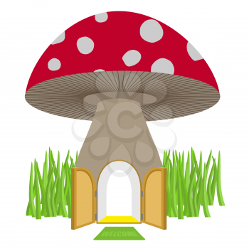 Mushroom with door open. Amanita House for a dwarf, Hobbit. Vector illustration.