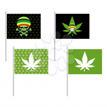 Rasta flags set. Banner for addicts of Jamaica. Green Skull and leaf marijuana. Head skeleton in Rasta Cap. Vector illustration
