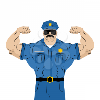 Strong power police officer. large man in police uniform. Bodybuilder with mustache and glasses. Athlete stripper in  masquerade costume.  Policeman with Big muscles