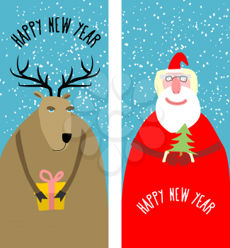 Set greeting Christmas cards. Santa Claus with Christmas tree against a backdrop of snow. Christmas deer with a gift. Vector illustration for happy new year.