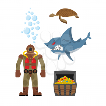 Marine set a diver and shark. Sea turtle and treasure chest. Vector icons set inhabitants of ocean.