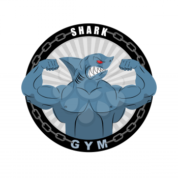 Angry strong shark. Shark bodybuilder with big biceps. Emblem for sports teams. Logo for gym. Athlete fish Vector illustration 