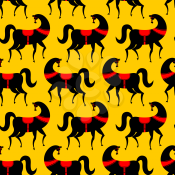 Black Horse Gorodets painting seamless pattern. Russian national folk craft texture. Elements of traditional painting in Russia background