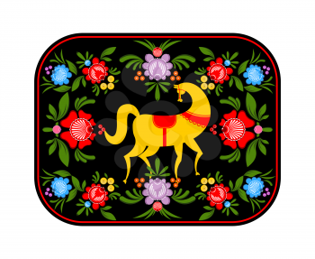 Gorodets painting yellow horse and floral elements. Russian national folk craft. Traditional decoration painting in Russia. Flowers and leaves texture. Retro ethnic decor tray
