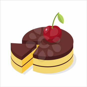 Chocolate cake with fresh cherries. Piece of celebratory pie isometrics. 3D delicious confection
