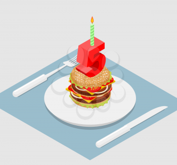 5 years birthday burger. Hamburger and candle isometrics. Number five with candle. fast food Anniversary Celebration. Fresh sandwich with cutlet and cheese. Cheerful celebration
