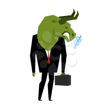 Businessman Bull. Player on stock exchange with head of green bull. Farm animal with briefcase and tie. Beast in  business a suit. Metaphor Trader in Financial Exchange
