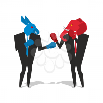Donkey and elephant are boxing. Democrat and Republican fight. Businessmen combat in business suit and boxing gloves. Battle of the red and blue donkey elephant. Allegory of political parties in Ameri