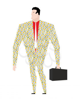 Dude businessman in suit of colors. Flower clothing. Trendy Office plankton. Boss with a suitcase on white background. Male businessman isolated
