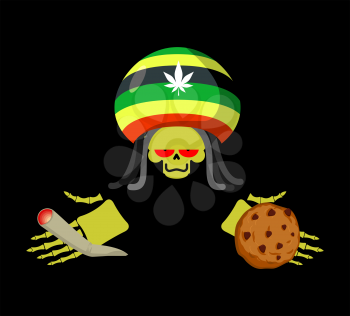 Rasta death offers cookies and joint or spliff. Rastafarian dreadlocks skull and beret. Grim Reaper for Rastafarians. Jamaican demon holding biscuit and marijuana and smoking drugs. ganja skeleton
