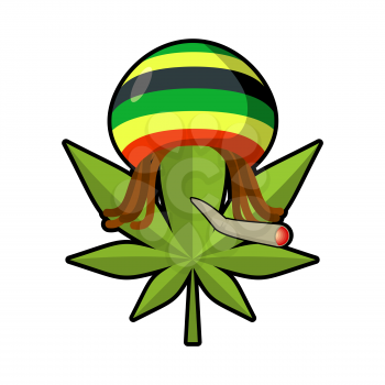Leaf marijuana and reggae cap with dreadlocks. Green leaf cannabis smoking joint or spliff. Freaky emblem. Rastafarians symbol. rastaman sign
