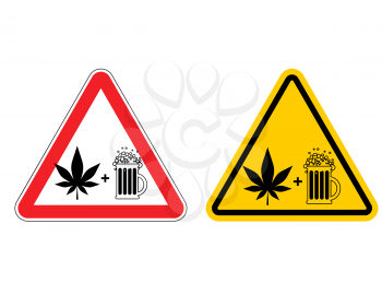 Warning sign attention alcohol and drugs. Dangers yellow sign. Marijuana is drug and mug of beer on red triangle. Set of road signs
