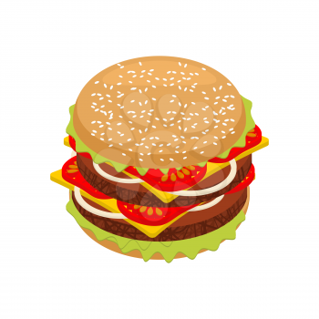 Hamburger isometrics. Sandwich of patties and cut roll. 3d fast food. Fresh juicy food. Ingredients: steak and onions, cheese and tomatoes

