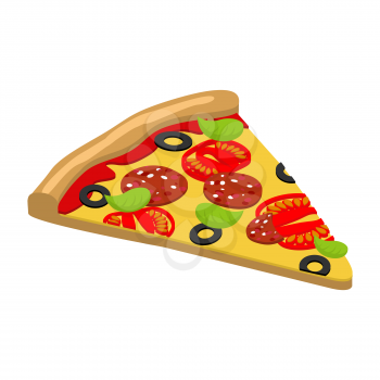Pizza isometrics. 3D Italian food. Delicious fresh slice of pizza ingredients tomatoes and cheese, sausage and spinach
