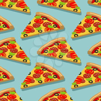 Isometric Pizza seamless pattern. Italian food texture. Delicious fresh slice of pizza ingredients tomatoes and cheese, sausage and spinach. Food background
