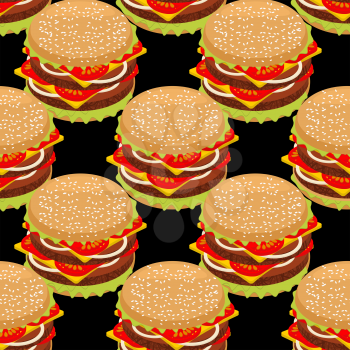 Hamburger seamless pattern. Sandwich of  patties and cut roll. fast food background. Fresh juicy burger texture. Ingredients: minced steak and onions, cheese and tomatoes


