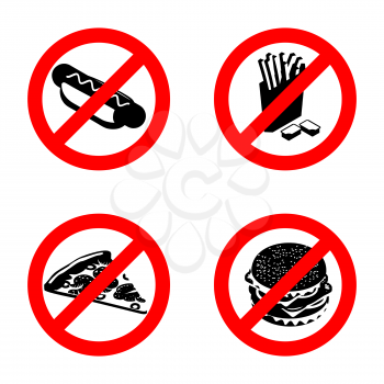 Ban fast food sign. Stop unhealthy food. It is forbidden to eat French fries. Emblem against pizza. Anti sign of hot dog. You can not juicy hamburger. Prohibiting red sign
