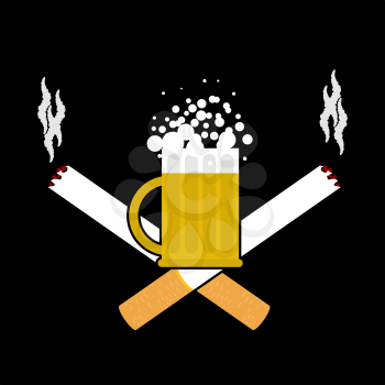Beer and cigarettes. Alcohol and smoking sign. Logo for harm health. Emblem for harmful products
