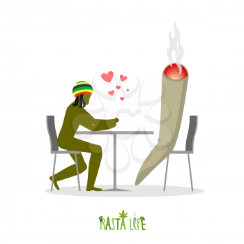 Rasta life. Rastaman and joint or spliff in cafe. Man and smoking drug in restaurant. Marijuana Lovers sitting at table. Romantic illustration hemp
